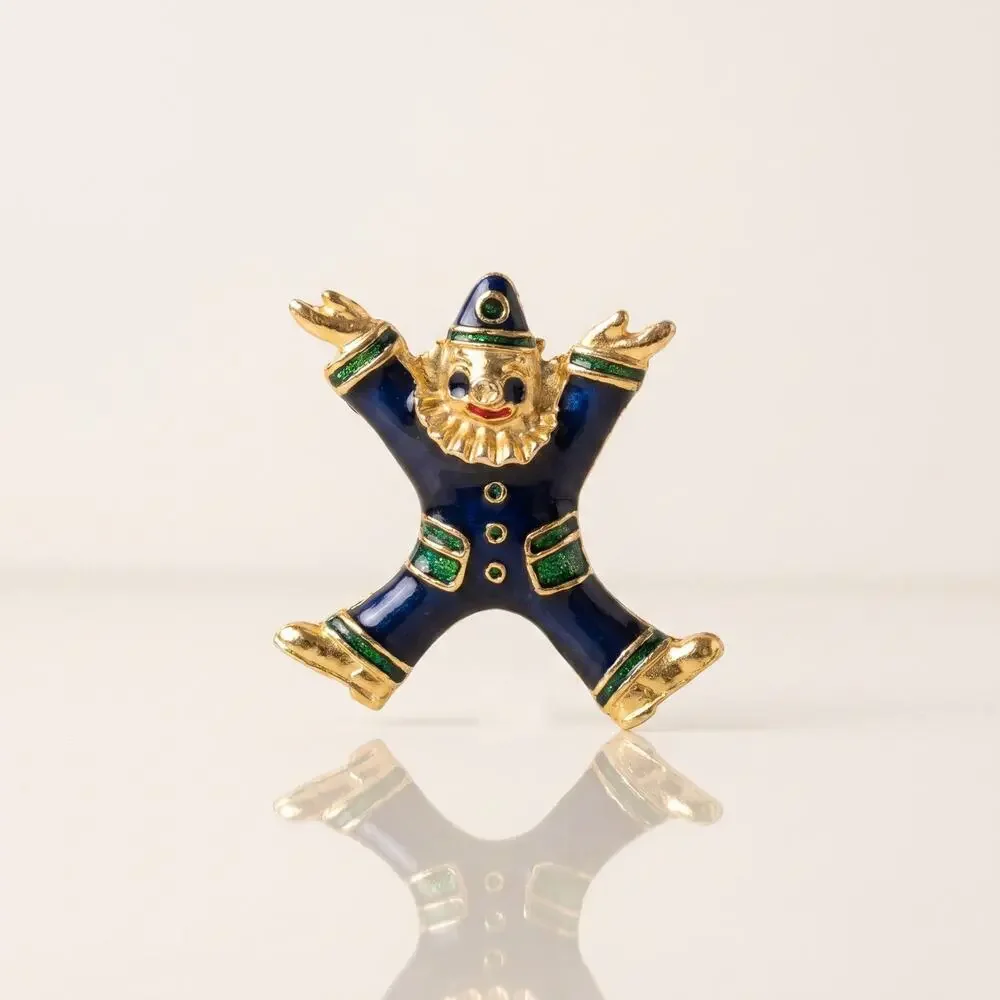 Vintage Enamel Clown Brooch – Navy Blue & Gold-Tone Whimsical Figural Pin